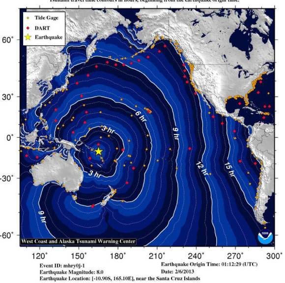 Tsunami Travel Time Map M8.0 Santa Cruz Islands earthquake